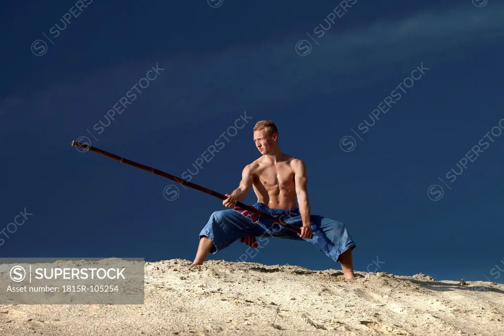 Germany, Bavaria, Young man doing martial arts training with stick