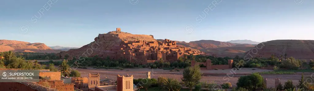 Morocco, Ait Benhaddou, View of historic film set at sunrise