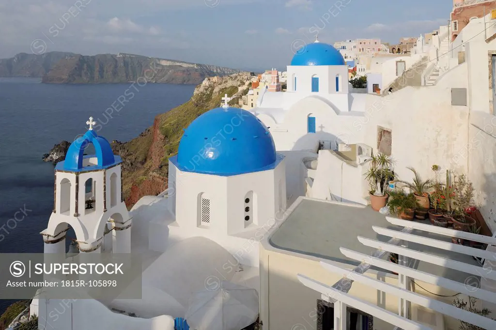 Greece, View of classical whitewashed church at Oia village