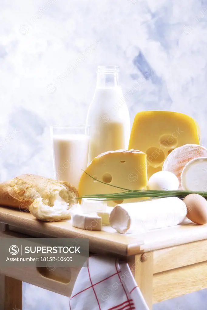 Foodstill with cheese, eggs and milk