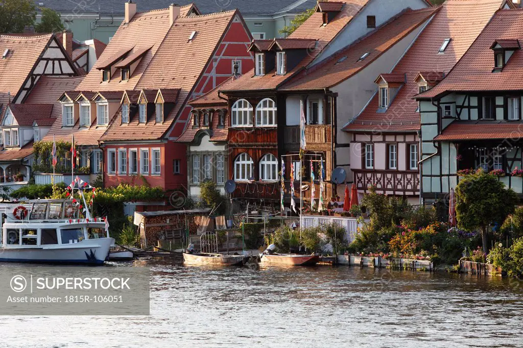 Germany, Bavaria, Bamberg, View of historic district against regnitz river