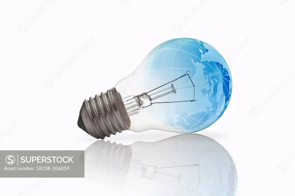 Lightbulb with world map on white background