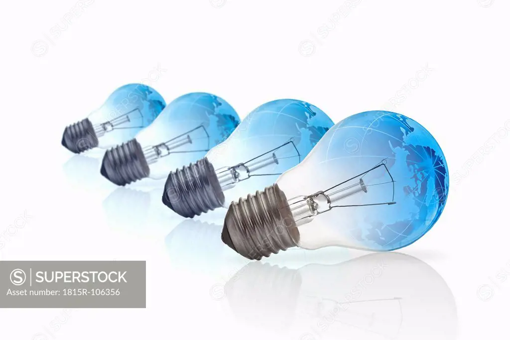 Lightbulbs with world map on white background