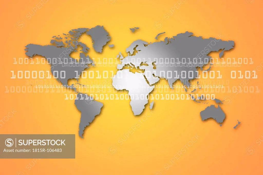 World map with binary code against orange background