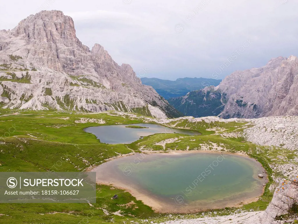 Europe, Italy, View to mountain lakes in National Park of Sesto Dolomities