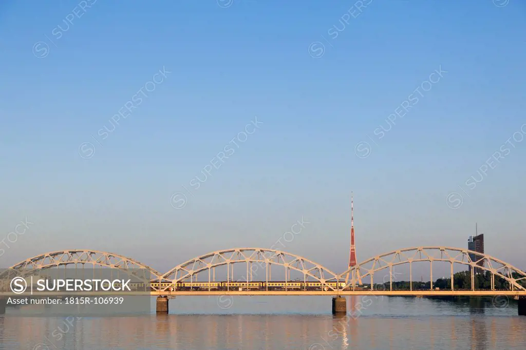 Latvia, Riga, railway bridge crossing Daugava River