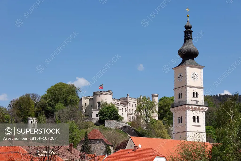 Austria, Carinthia, View of castle and St Markus Church at Wolfsberg