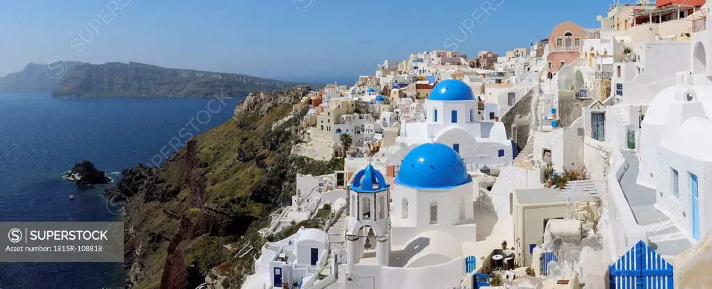 Greece, Santorini, View of classical whitewashed church and bell tower at Oia