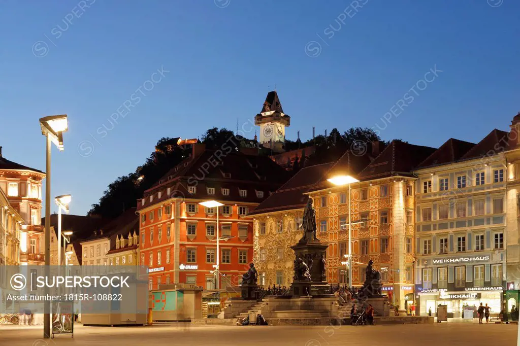 Austria, Styria, Graz, View of Erzherzog Johann fountain at Hauptplatz square
