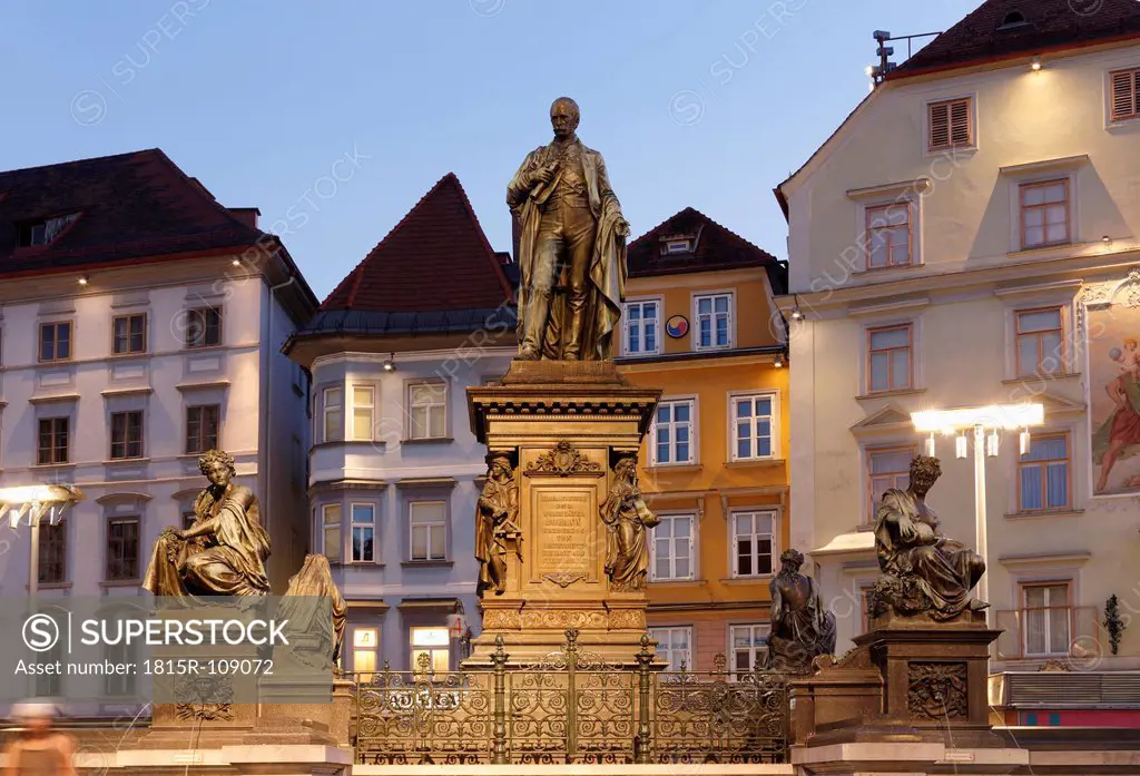 Austria, Styria, Graz, View of Erzherzog Johann fountain at Hauptplatz square