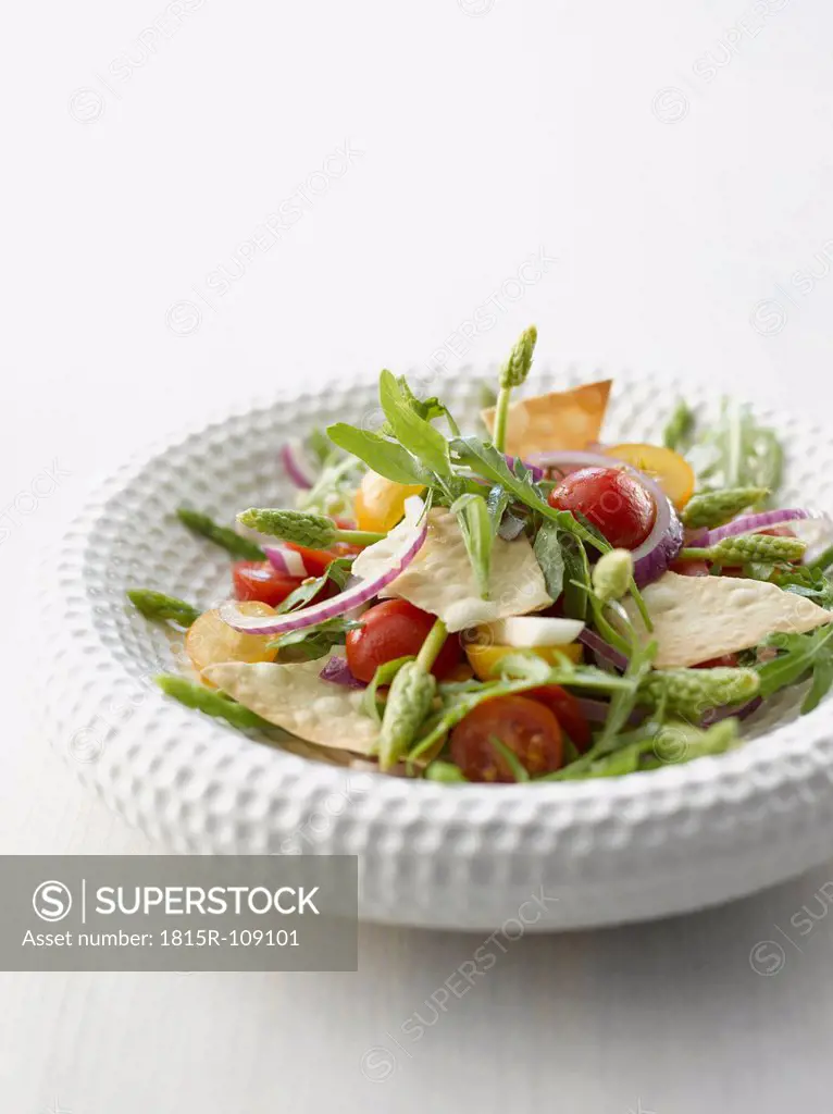 Wild asparagus and strudel chips salad in plate, close up