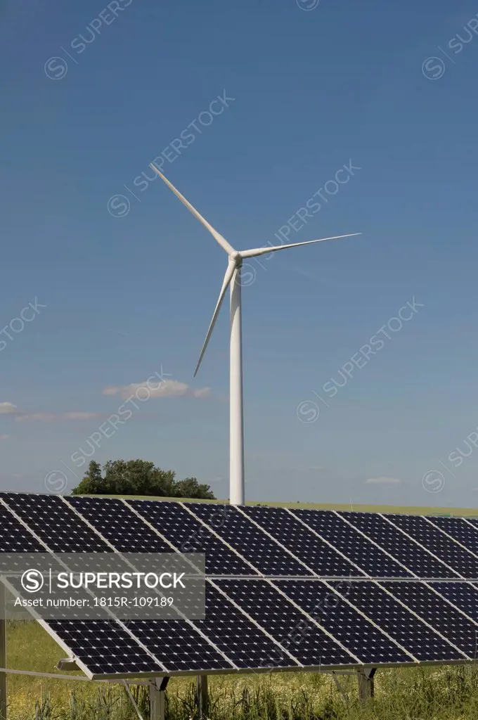 Germany, Saxony, View of wind turbine with solar panel
