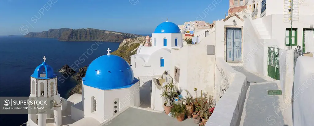 Greece, View of whitewashed church and bell tower at Oia