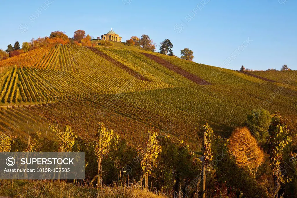 Germany, Baden Wuerttemberg, Stuttgart, View of vineyards with burial chapel and sepulchral chapel