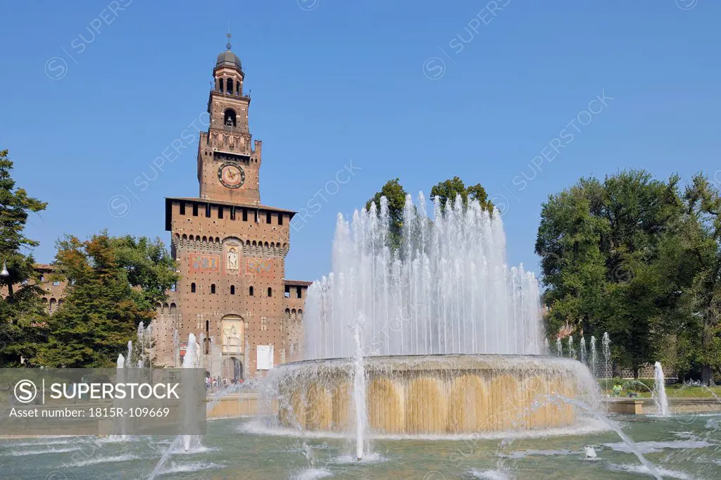 Italy, Milan, View of Sforza castle and fountain with blue sky