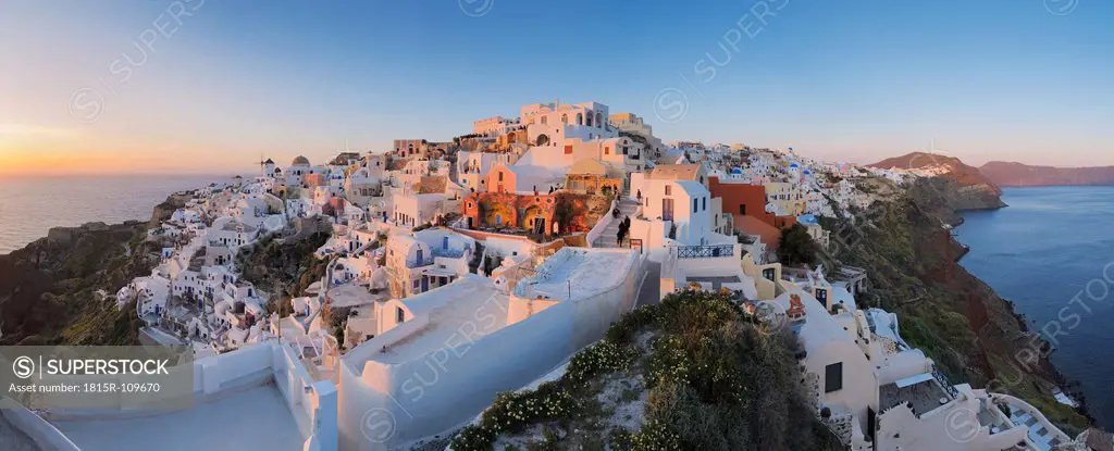 Greece, View of Oia village in sunset at Santorini
