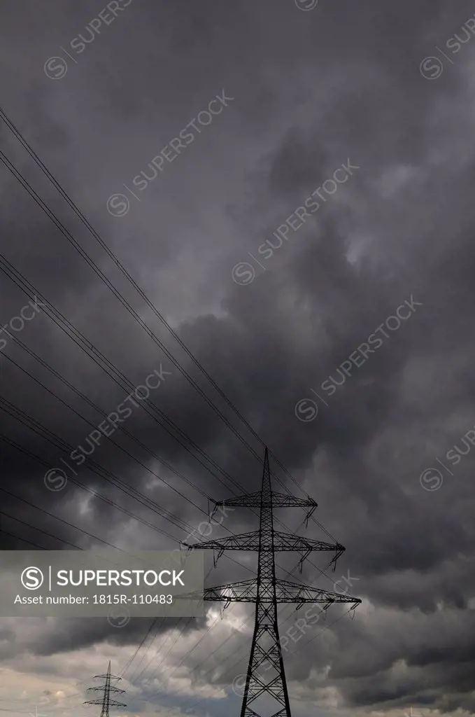 Germany, Bavaria, View of power pole with transmission line