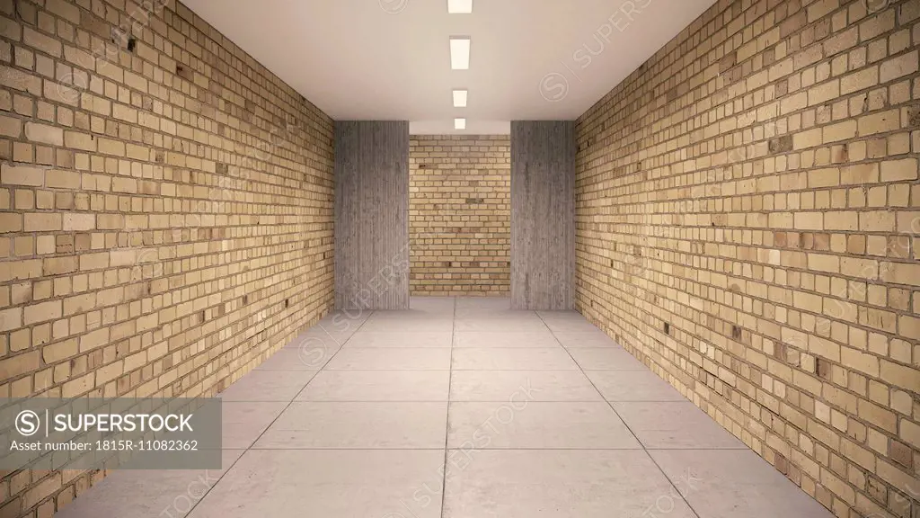 Empty cellar with brick wallsand concrete floor in a school building, 3D Rendering