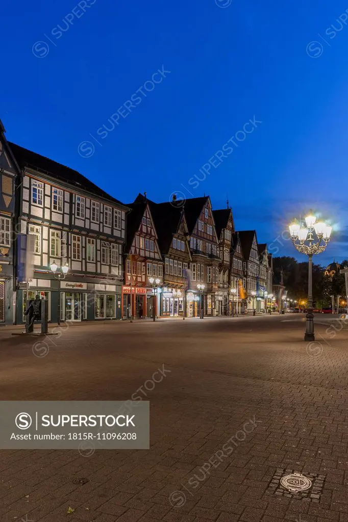 Germany, Lower Saxony, Celle, Half-timbered houses, Blue hour