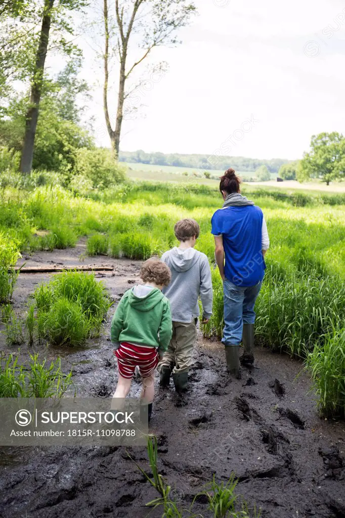 Germany, Schleswig-Holstein, mother and two sons walking in mud