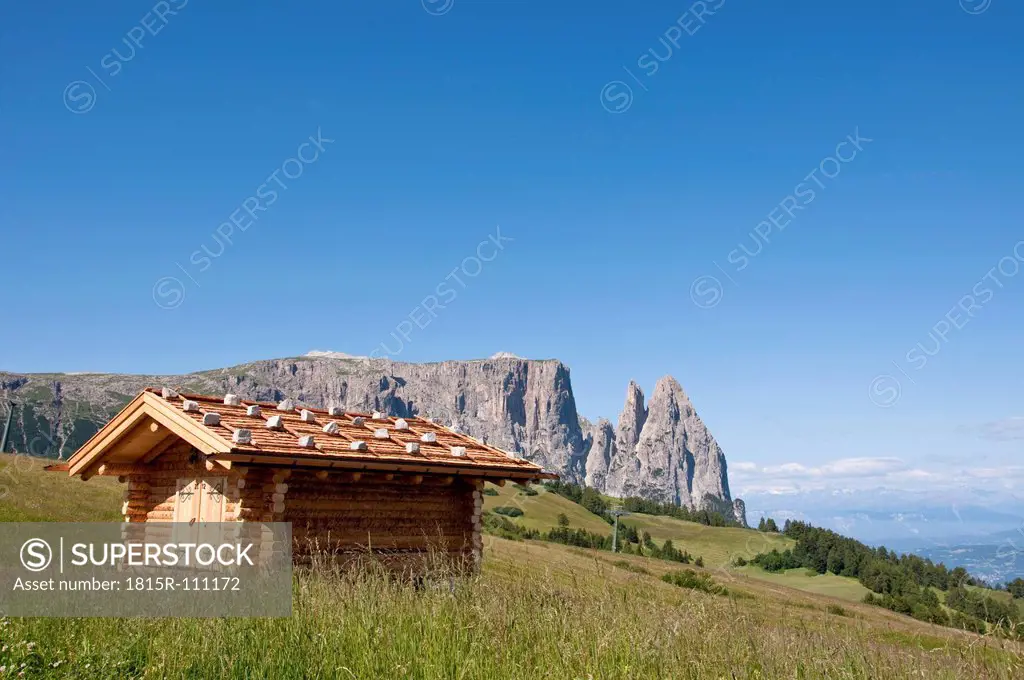 Italy, View from Seiser Alm to Schlern and Santner Spitze at South Tyrol