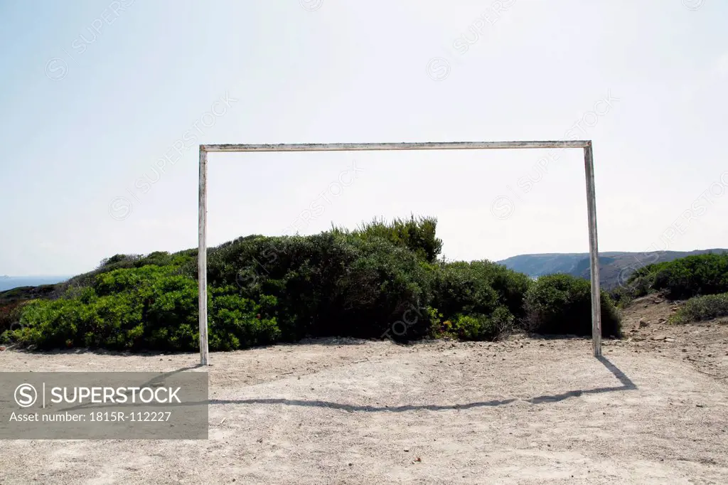 Spain, Menorca, View of soccer field with goalpost