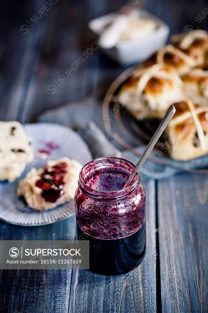 Homemade currant jam and hot cross buns