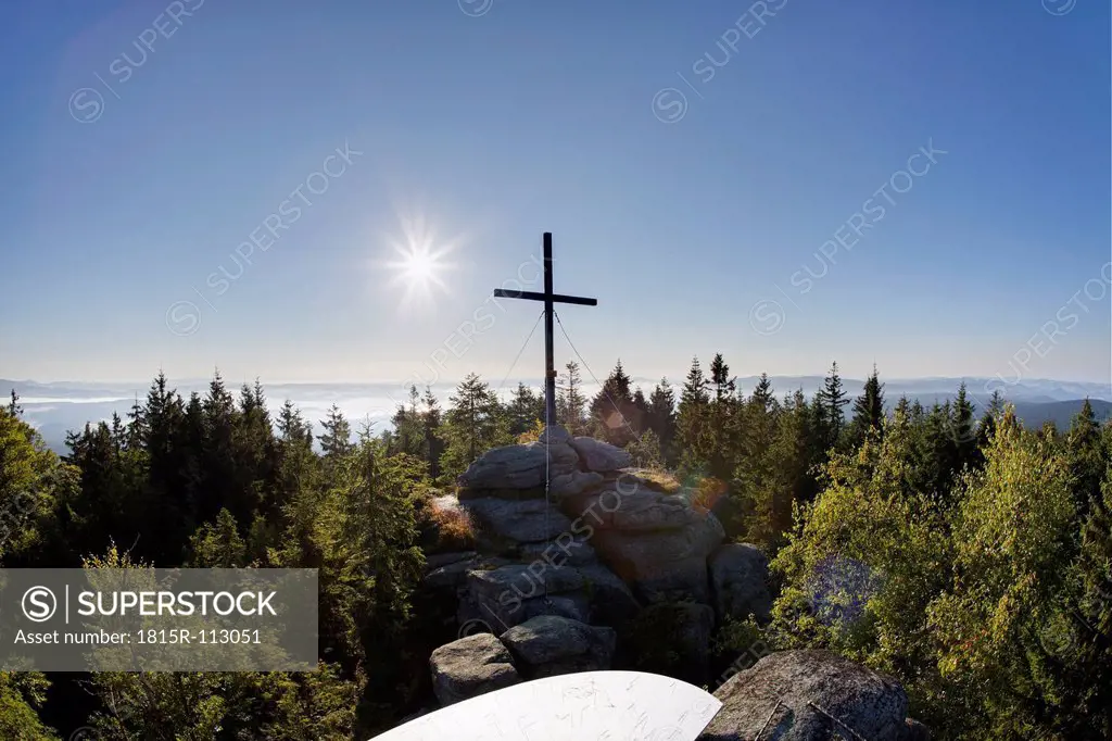 Austria, Upper Austria, View of summit cross of Baerenstein Mountain at Bohmerwald