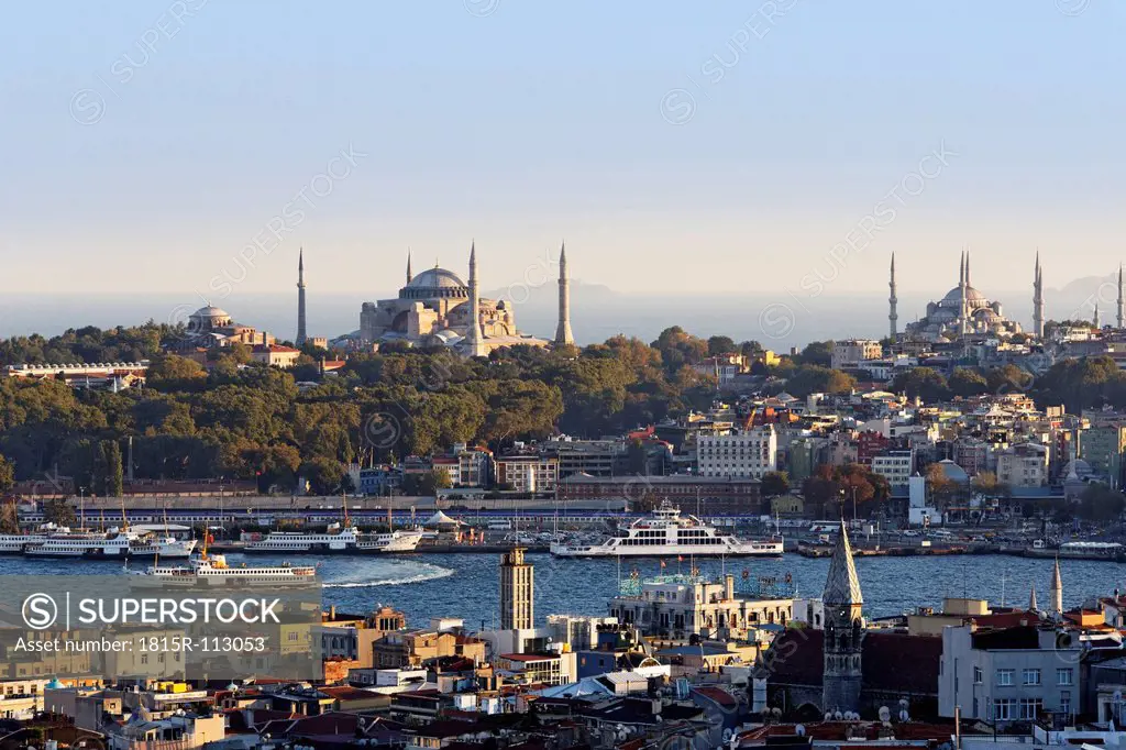 Turkey, Istanbul, View from Beyoglu over Golden Horn with Hagia Sophia and Sultan Ahmed Mosque