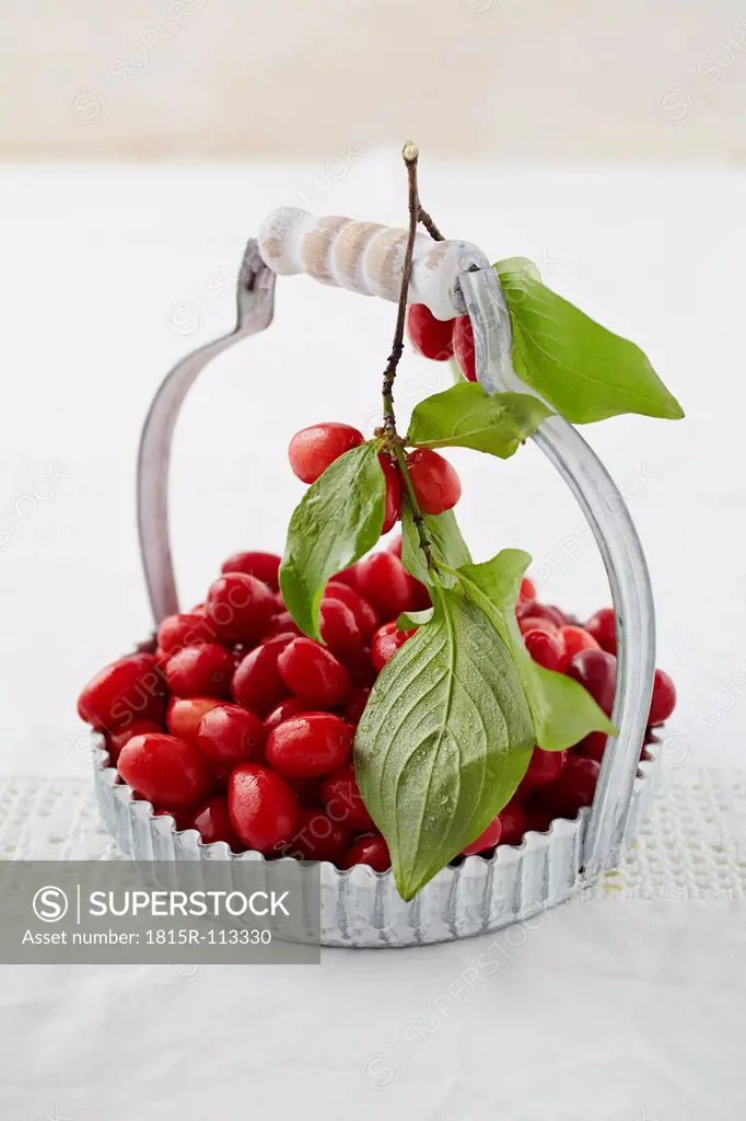 Close up of cornel cherries in basket