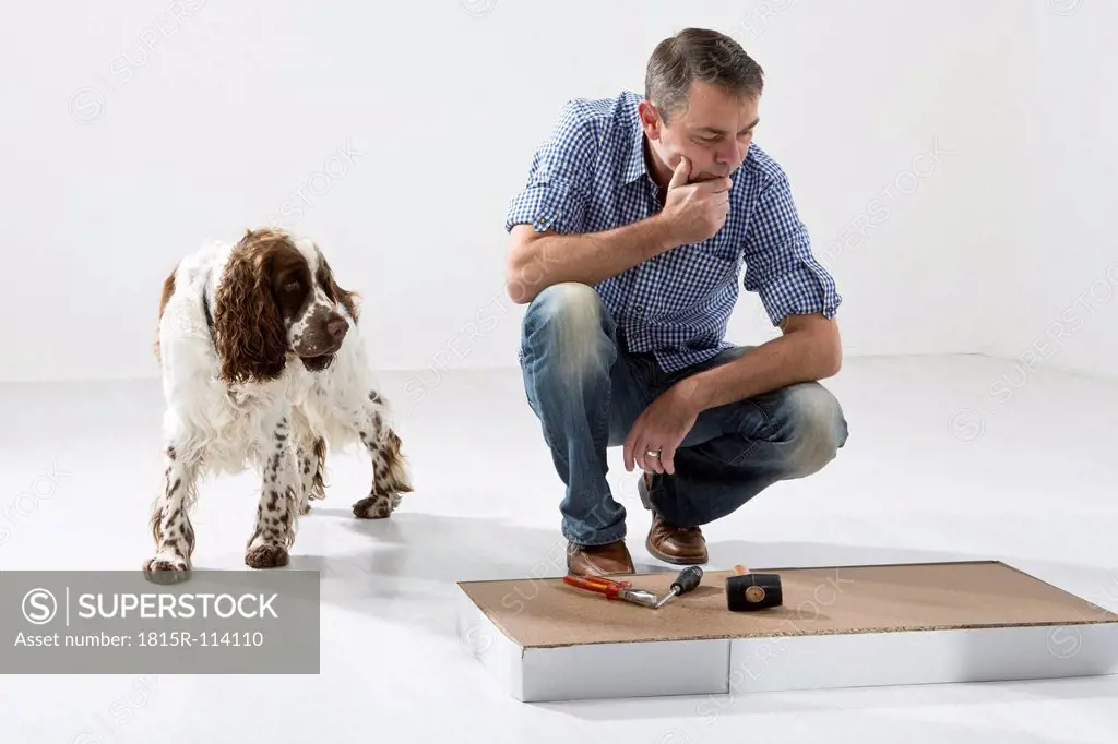 Mature man with dog building shelf