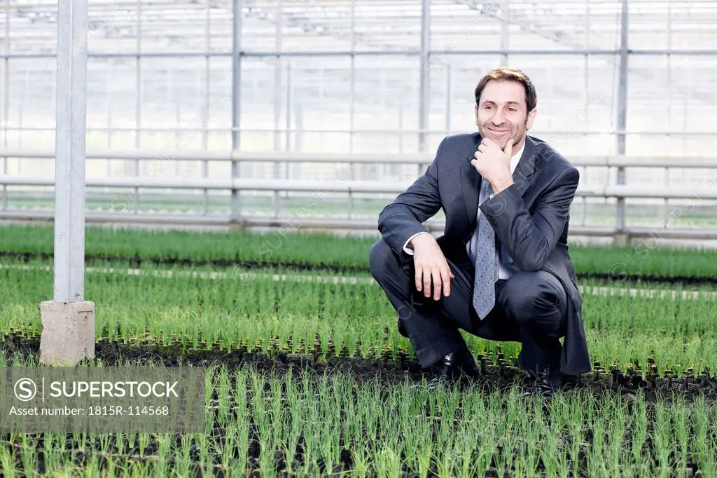 Germany, Bavaria, Munich, Mature man in greenhouse between seedlings