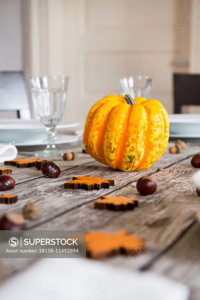 Yellow pumpkin, chestnuts and acorns on an autumnal laid table