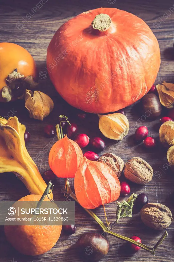 Autumnal fruits and vegetables on dark wood