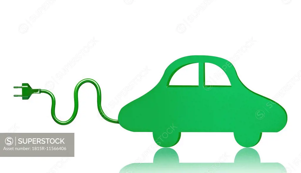 Green electric car toy in front of white background