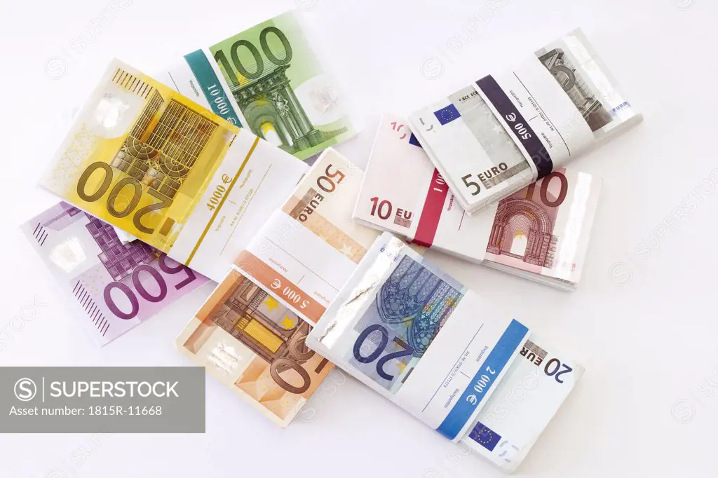 Bundle of euro banknotes, overhead view