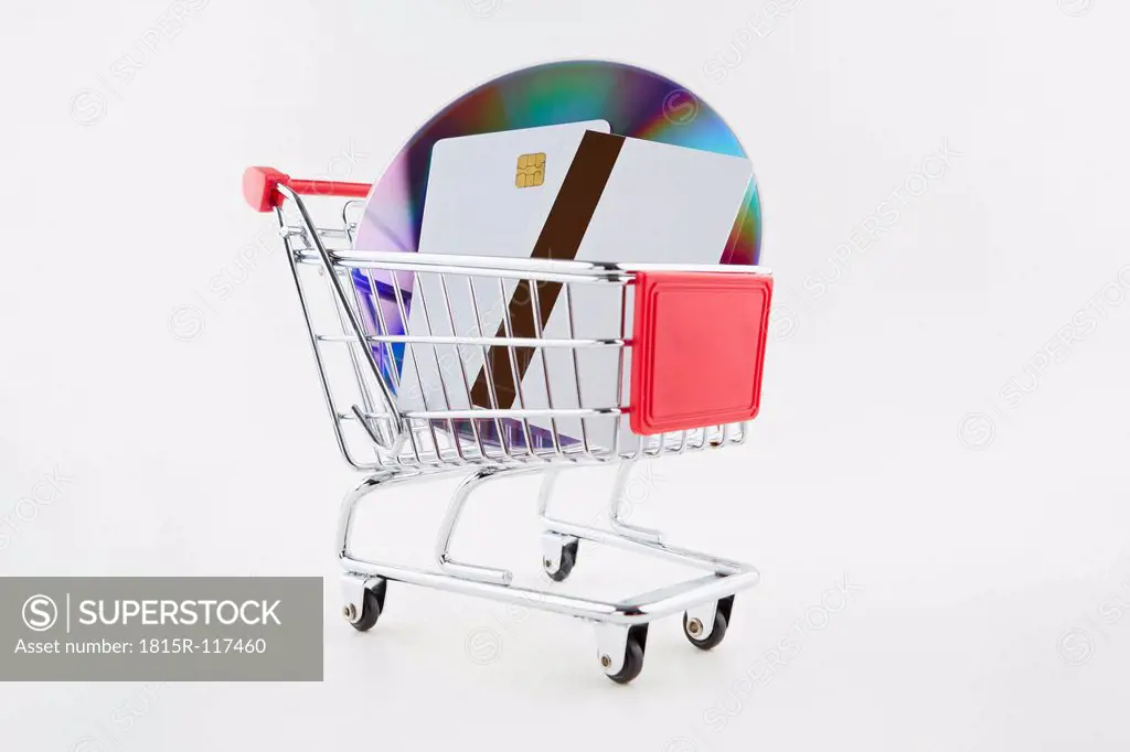 Shopping cart with chip card on white background