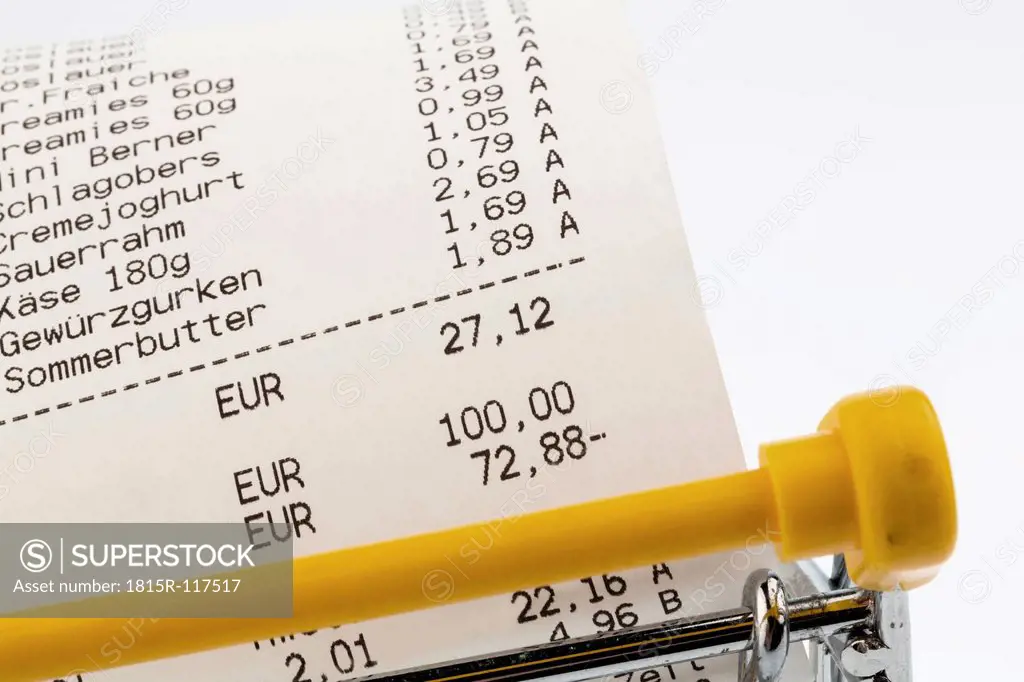Shopping receipt for groceries in Euro, close up