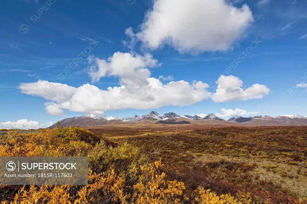 USA, Alaska, Landscape along Denali Highway in autumn with Alaska Range