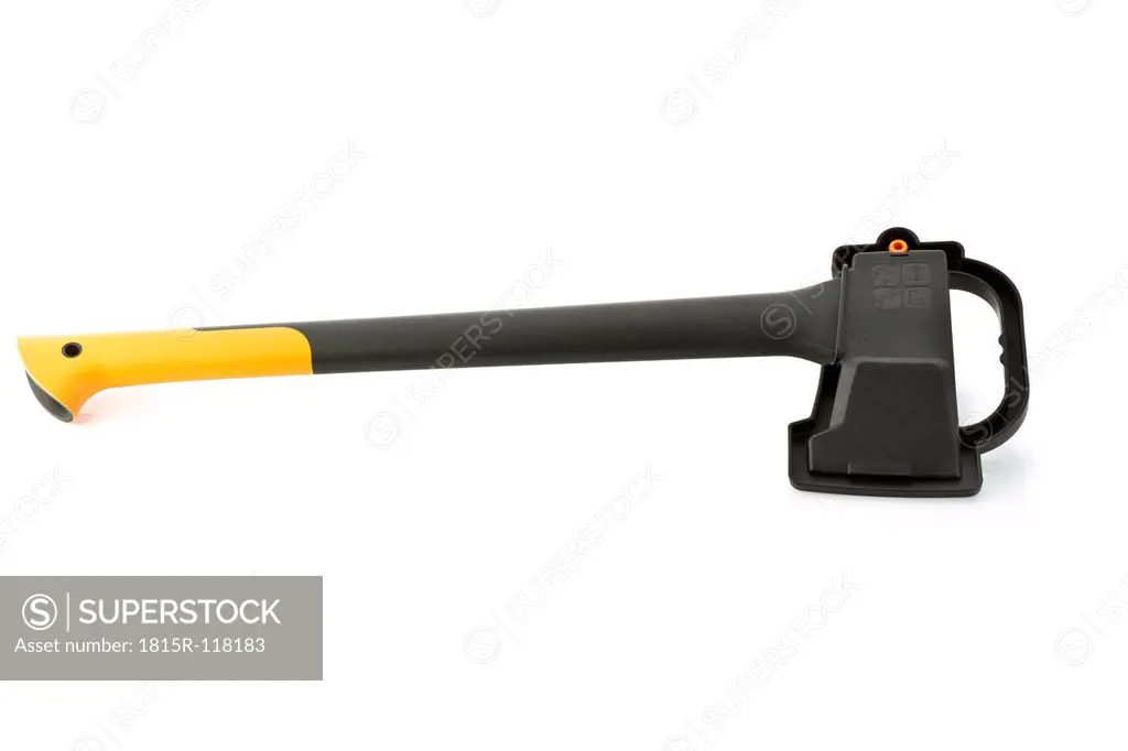 Axe with blade cover on white background