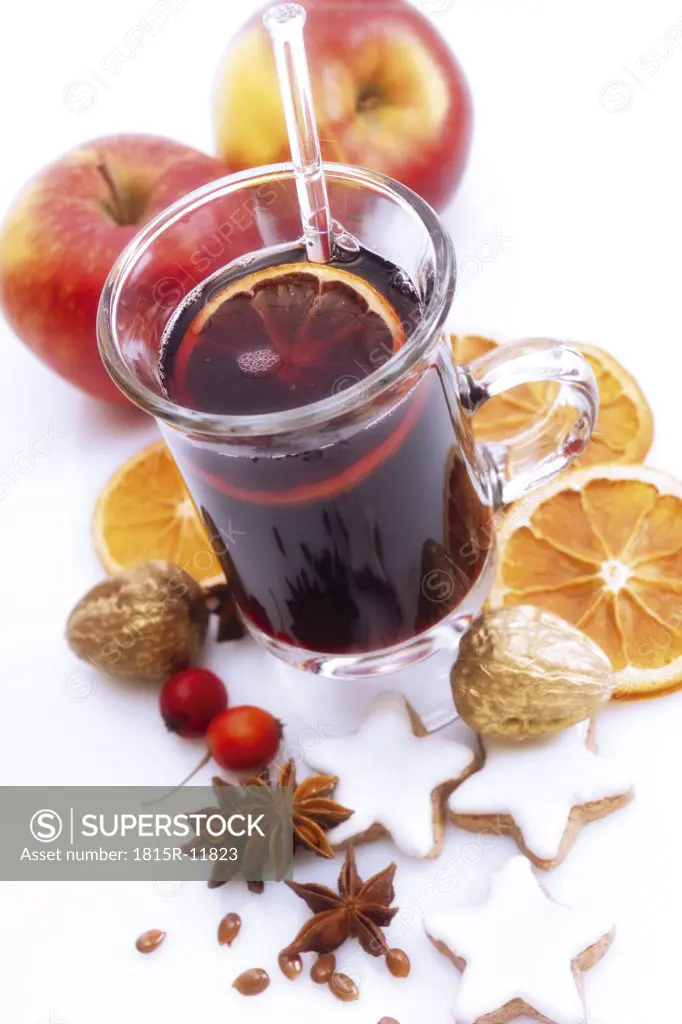 Mulled wine with fruits, elevated view, close-up