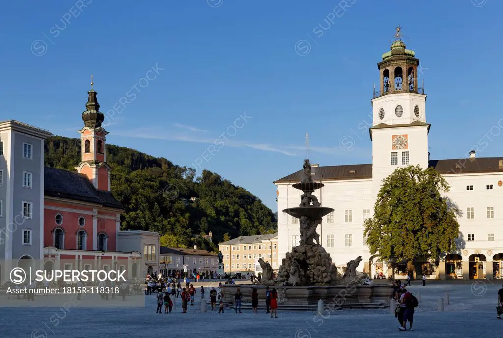 Austria, Salzburg, View of Michael Church, Residence Fountain and Salzburg Glockenspiel