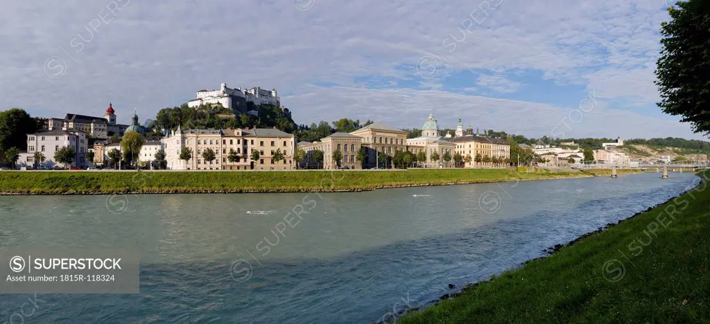 Austria, Salzburg, View of Salzach River at Hohensalzburg Castle