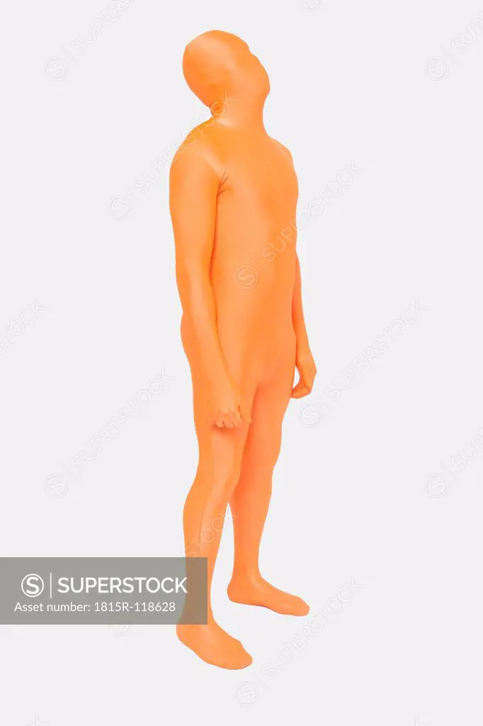 Mature man in orange zentai standing on white background