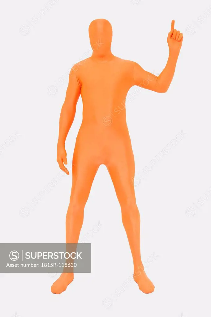 Mature man in orange zentai on white background