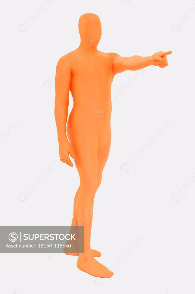 Mature man in orange zentai on white background