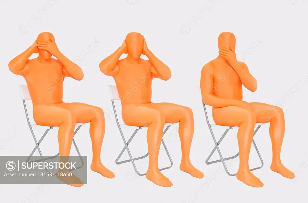 Men in orange zentai gesturing on white background