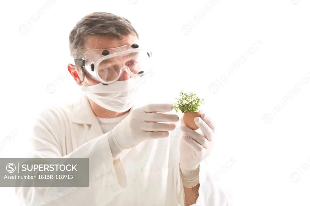 Scientist examining cress in egg shell, close up