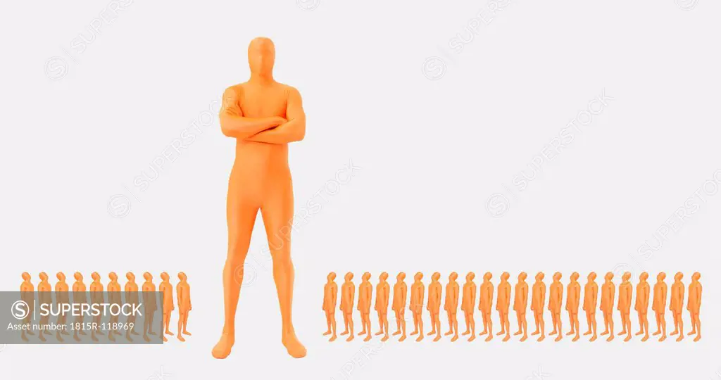 Men in orange zentai standing on white background