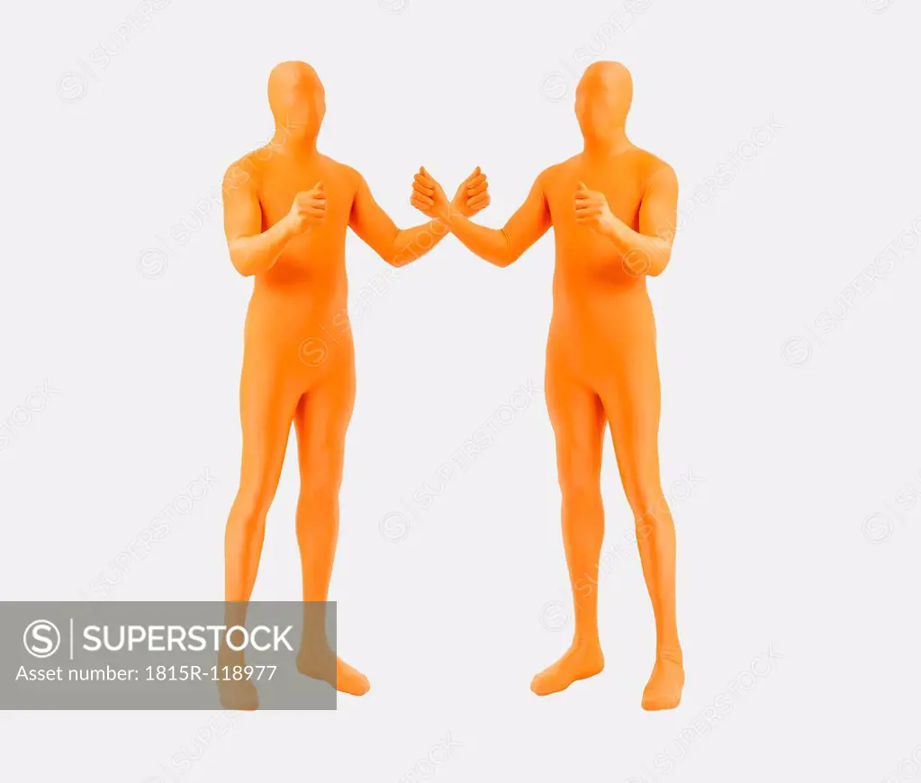 Men in orange zentai gesturing as holding